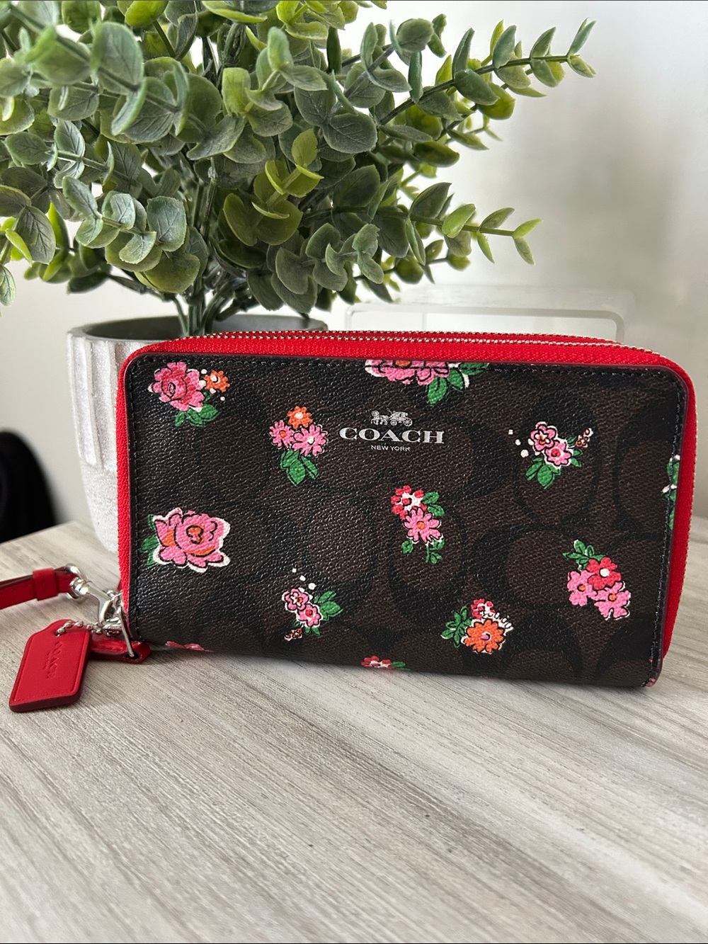 Coach Brown Signature Floral Double Zip Wallet with Red Trim